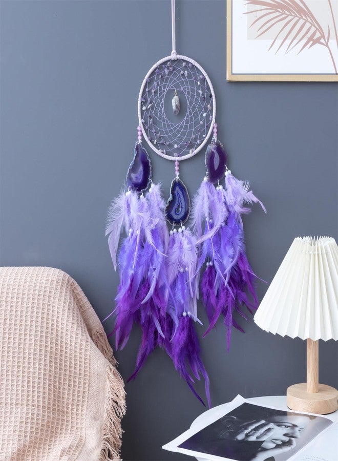 KHOYIME Agate Dream Catcher, Handmade Feather Dreamcatcher with Healing Crystal Stone Natural Gemstone Dream Catchers, Wall Art Hanging Decor Home Ornaments Craft Gift for Girls Adult Bedroom (Purple) - Image 2